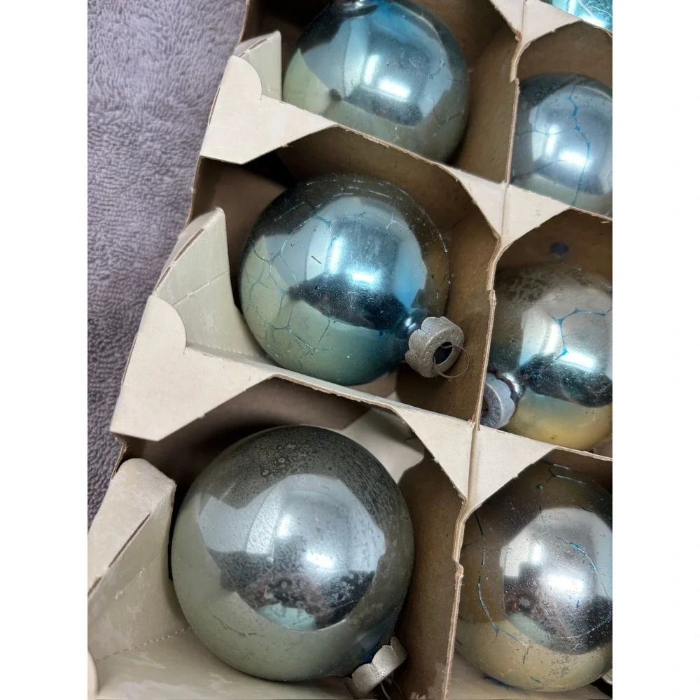 Vintage Shiny Brite Glass Ornaments Blue Silver Fair 12pc Set MCM USA Made Box